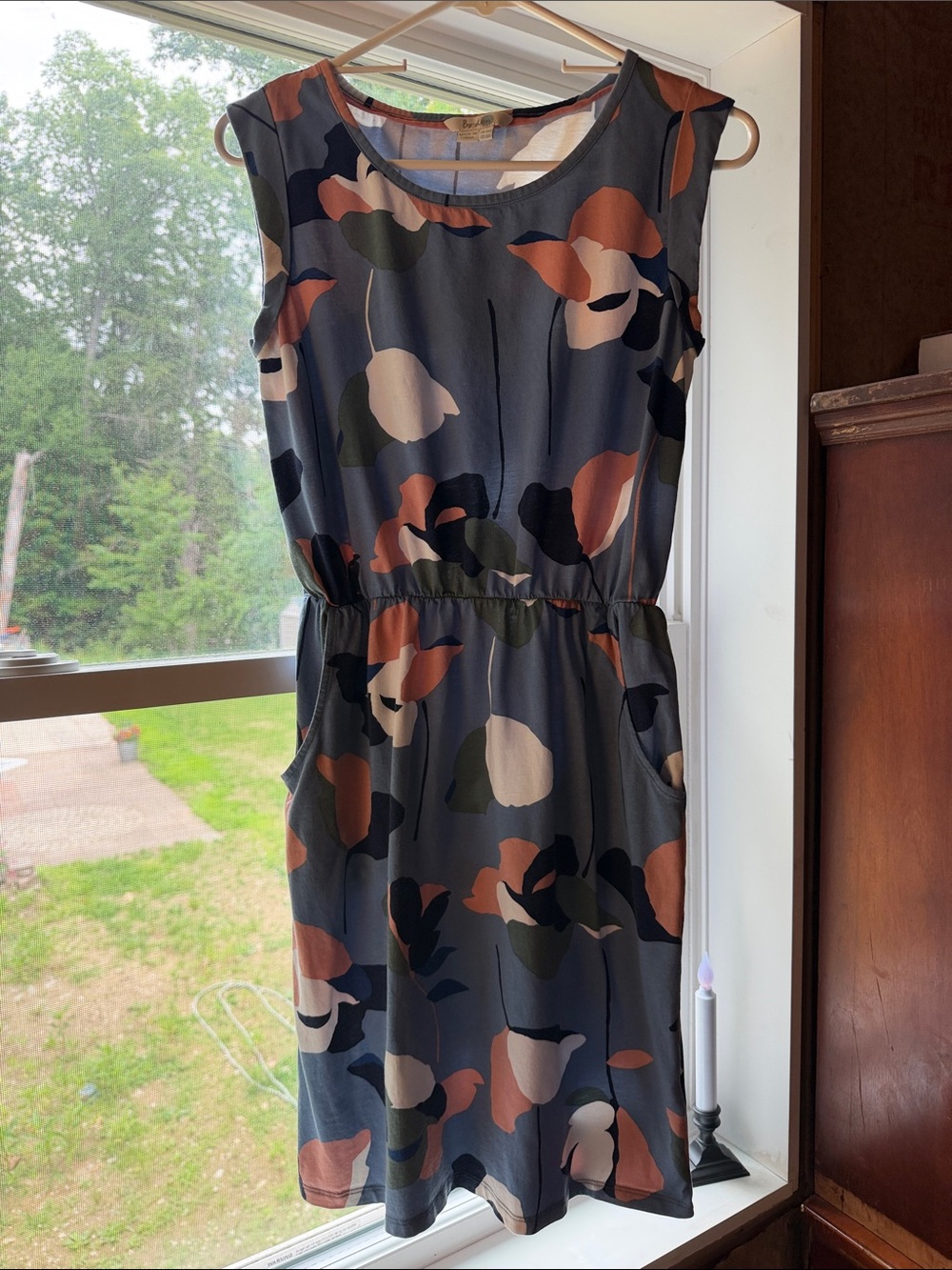 Boden Midi Dress cadet blue w/pink, navy, sage and white abstract floral print